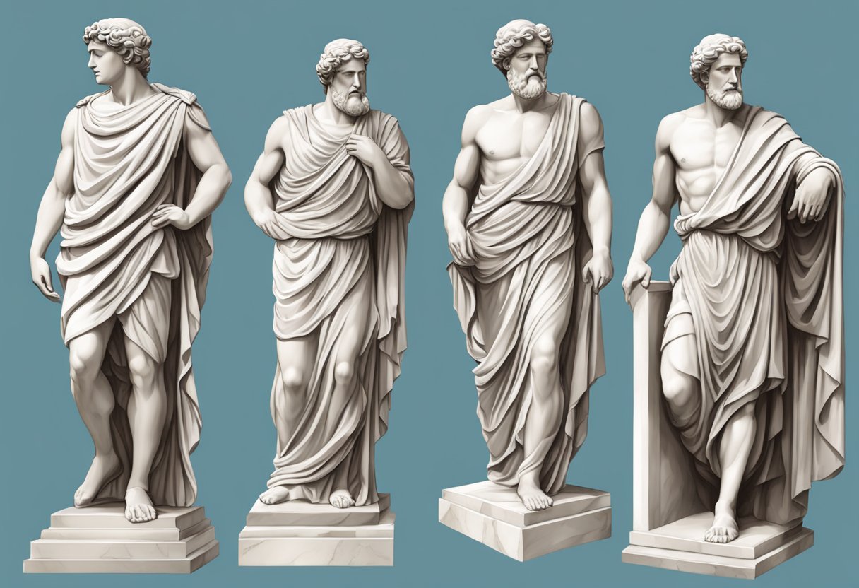 Ancient Greek statues stand tall, capturing the beauty and grace of the human form in marble