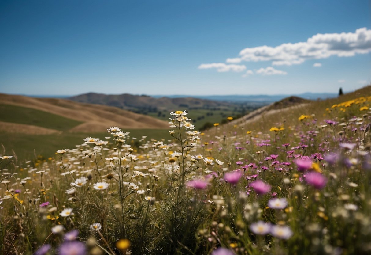 Rolling hills covered in vibrant wildflowers, with ancient ruins in the distance and a clear blue sky overhead