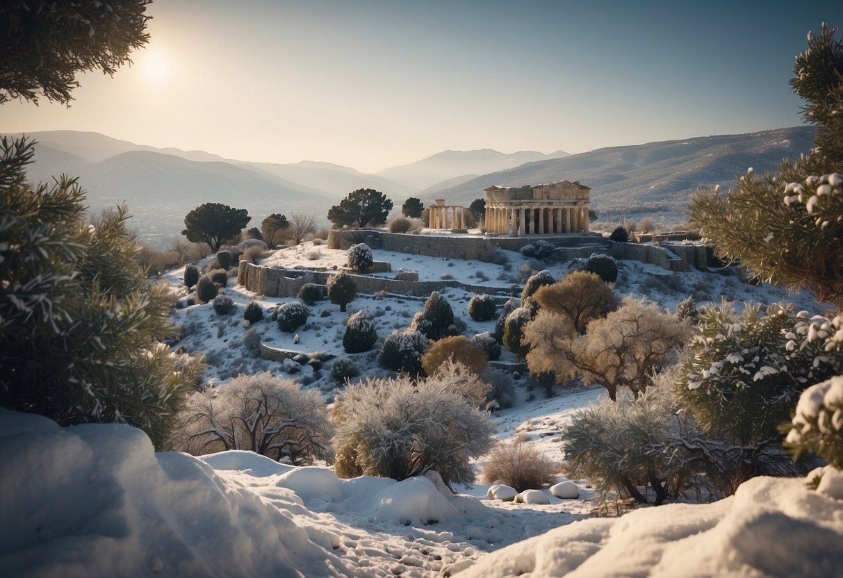 Snow-covered Greek landscape with ancient ruins in the background, olive trees weighed down by snow, and a serene, wintery atmosphere