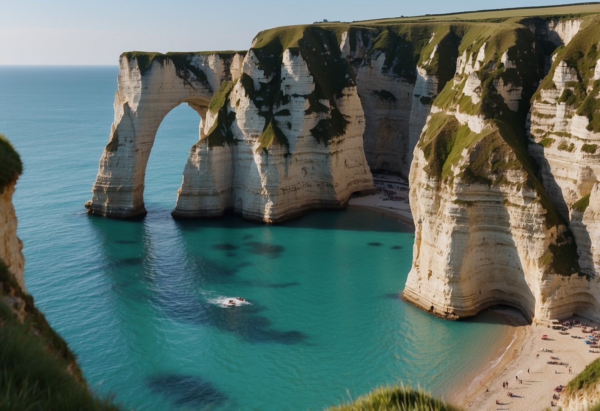 The cliffs of Etretat rise majestically from the turquoise sea, with arches and needle-like formations jutting out of the water, creating a dramatic and picturesque coastal landscape