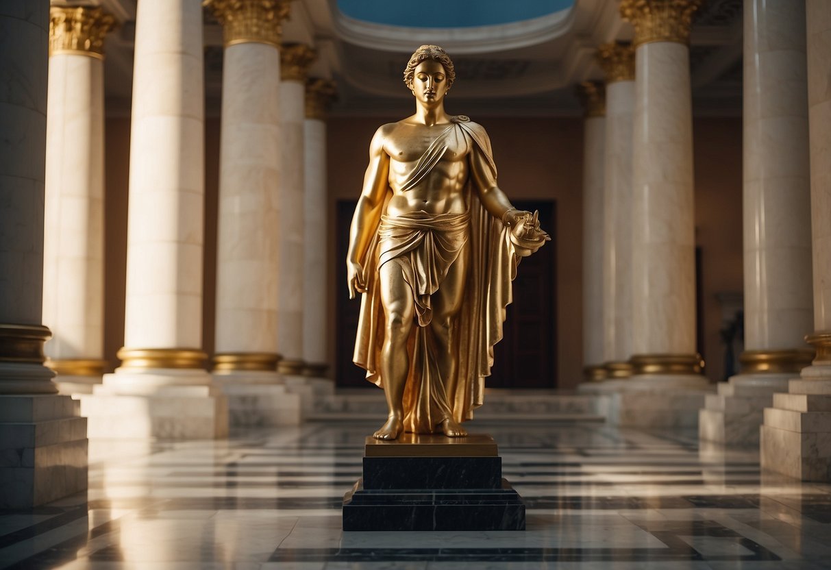 The famous Greek statues stand tall in a grand marble hall, illuminated by soft golden light, their graceful forms frozen in timeless beauty