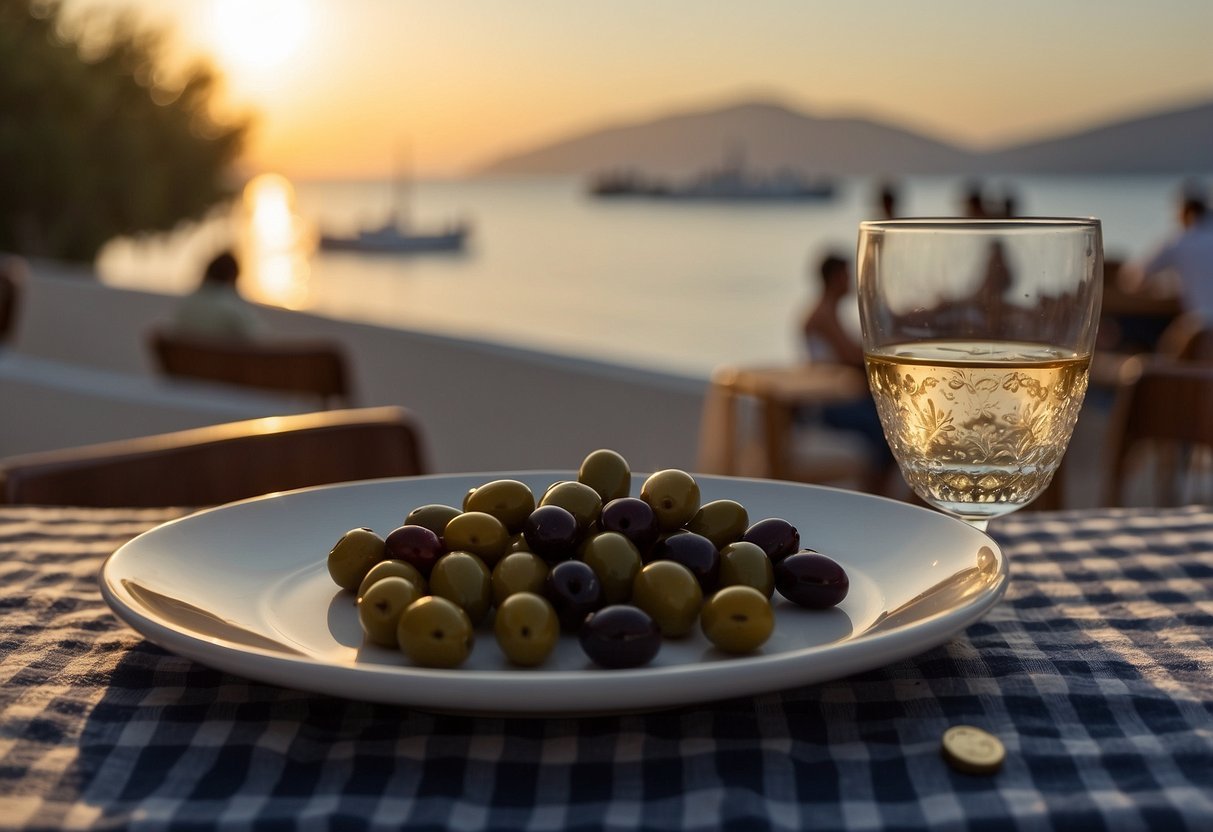 The sun sets over a quaint seaside tavern in Greece as a waiter places a small plate of olives and a few coins on a checkered tablecloth