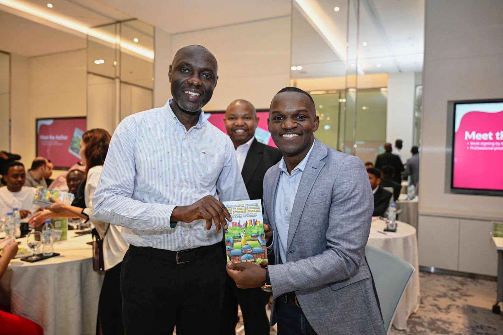 a group of men holding a book