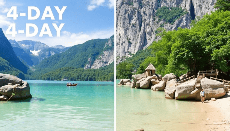 a collage of a body of water with a boat and mountains