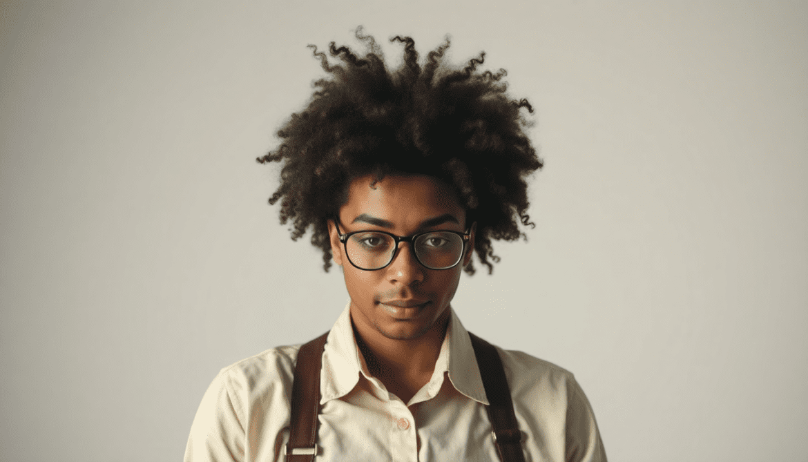 a person with curly hair wearing glasses