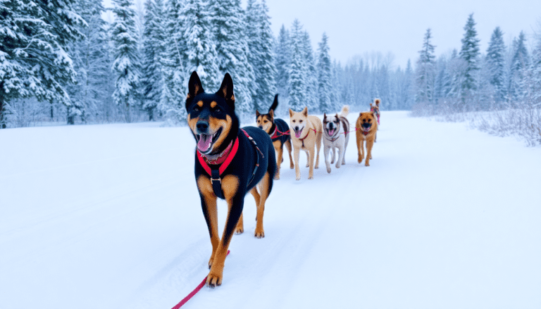 a group of dogs in harnesses walking in snow