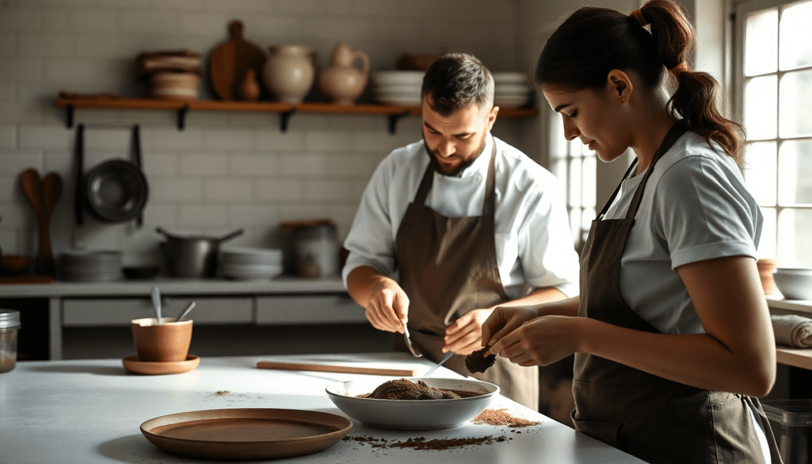 a man and woman in a kitchen