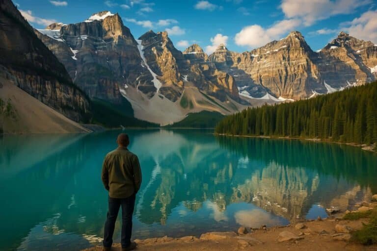 a man standing on a shore near a lake with mountains in the background