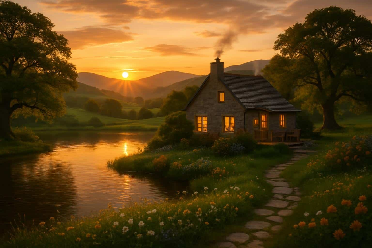 A breathtaking rural retreat scene featuring a charming stone cottage nestled in rolling green hills and meadows, with a peaceful lake in the foreground reflecting the golden sunset sky.