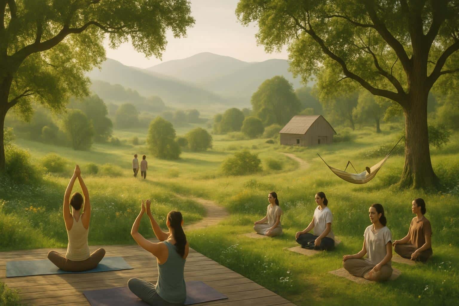 A serene rural retreat wellness scene showing people engaged in peaceful activities in a beautiful countryside setting.