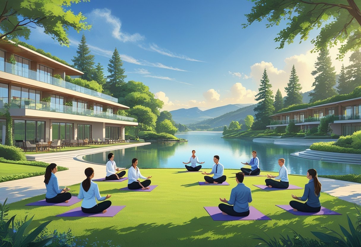 A corporate retreat resort with modern buildings by a lake, surrounded by trees and hills, where business professionals participate in outdoor activities.