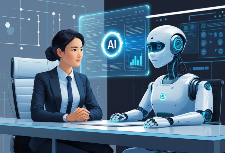 A candidate sitting in front of an AI-powered interview screen analysing responses during a digital job interview