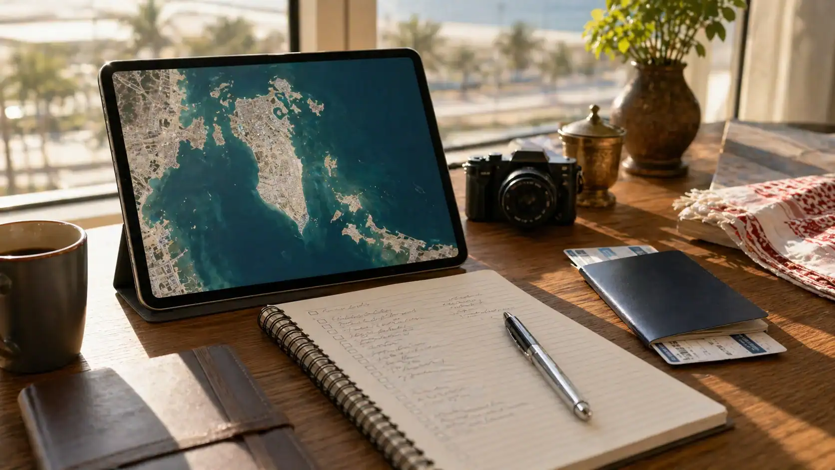 Bahrain travel agency itinerary desk with map and passport