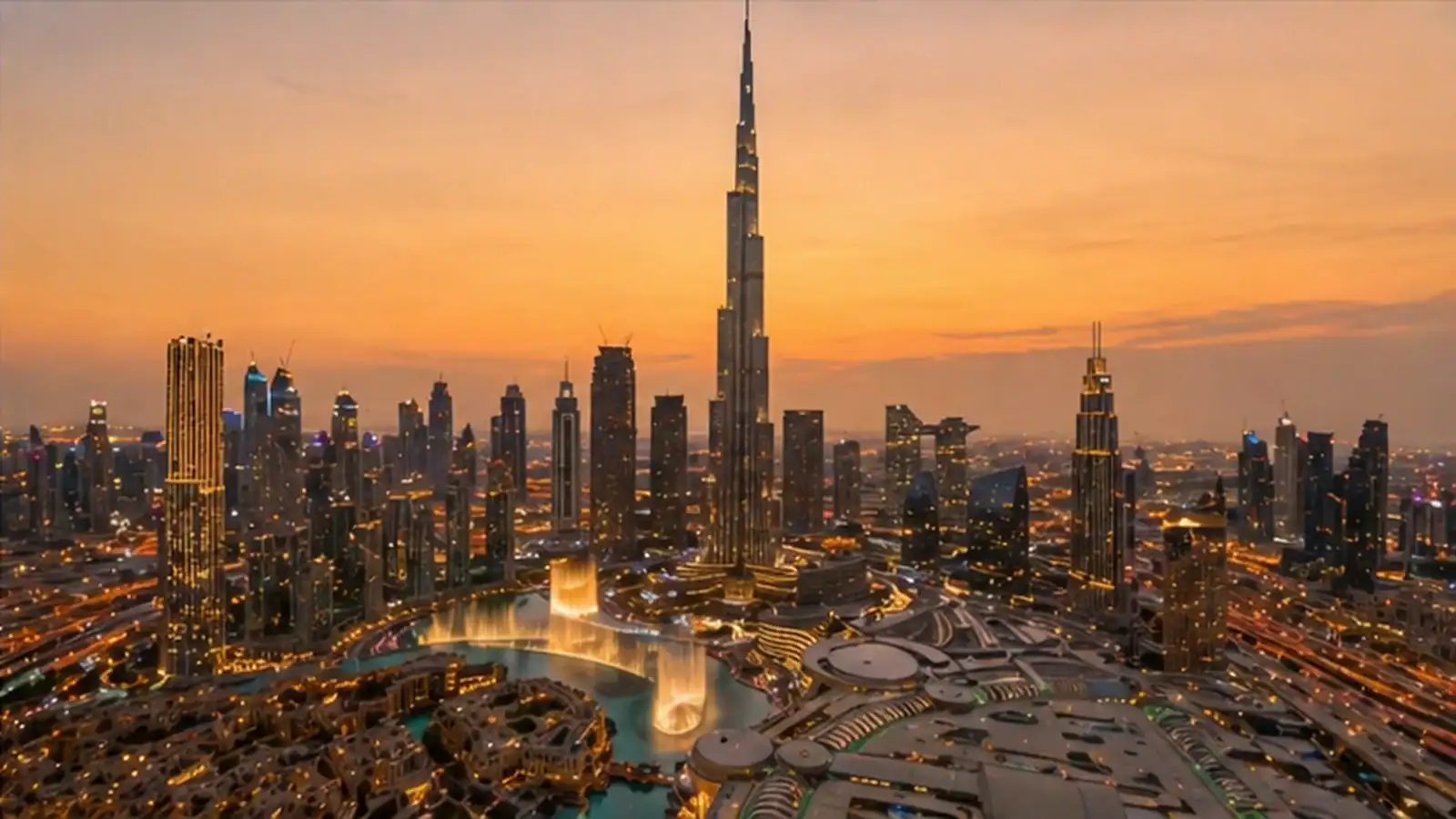 Downtown View Dubai skyline with Burj Khalifa at golden hour