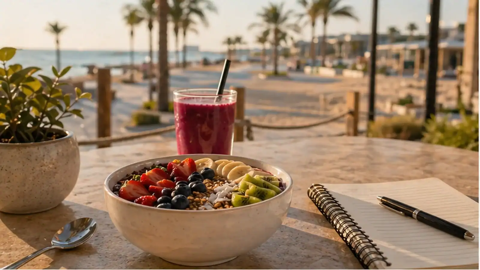 Feels Mamsha Al Saadiyat healthy cafe table by beach promenade