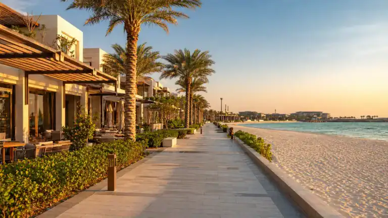 Mamsha Al Saadiyat Abu Dhabi beachfront promenade at sunset