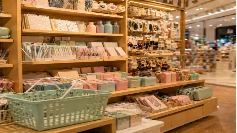 Mumuso Dubai Mall lifestyle store shelves with small gifts