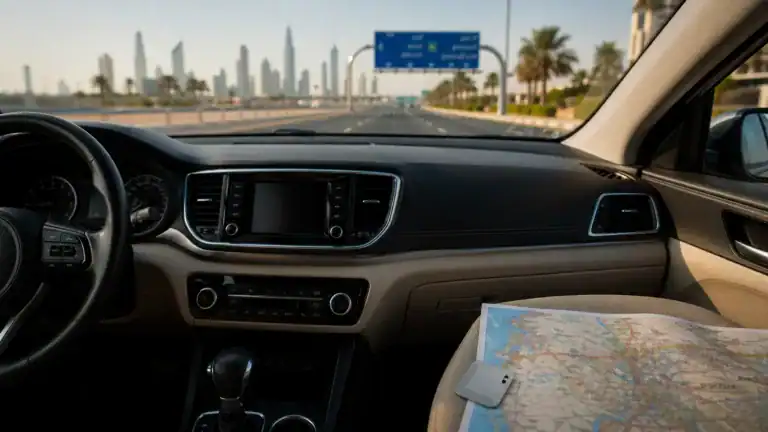 driving in Dubai road view with map and dashboard
