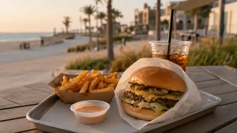 Pickl Mamsha Al Saadiyat beachside burger and fries