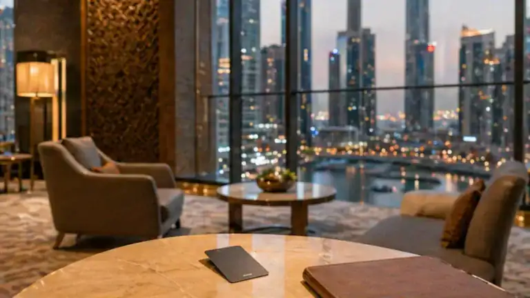 Ramee Dream Hotel Dubai lobby with Business Bay skyline view