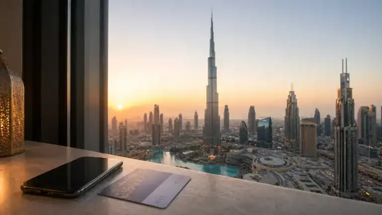 Sunrise at Burj Khalifa with Downtown Dubai skyline and ticket planning