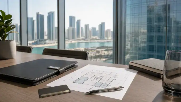 Tamouh Tower Al Reem office lease planning with floor plan and skyline